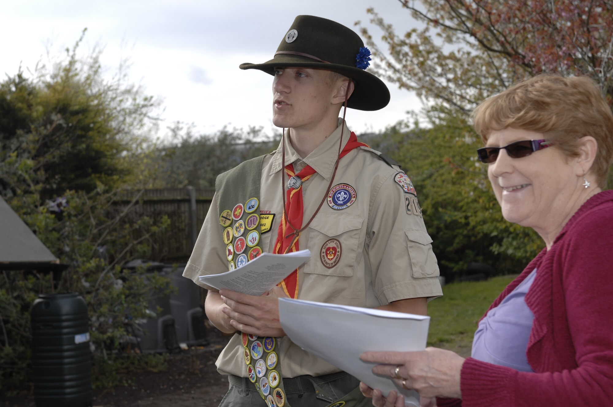 THETFORD, England -- Isaiah Roehm, Boy Scouts of America Troop 219, and project team leader introduces the Raleigh Nursery and Junior School head teacher Daphne Rothwell during the grand reopening April 24, 2012.  Roehm devoted his Eagle Scout project to clean-up a gardening area, construct gardening boxes and install a water collection system at the school. Members from the 48th Medical Group and the Lakenheath High School Junior Reserve Officer Training Corps assisted with the funding and completion of the project.   (U.S. Air Force photo by Tech. Sgt. Lee A. Osberry Jr.)