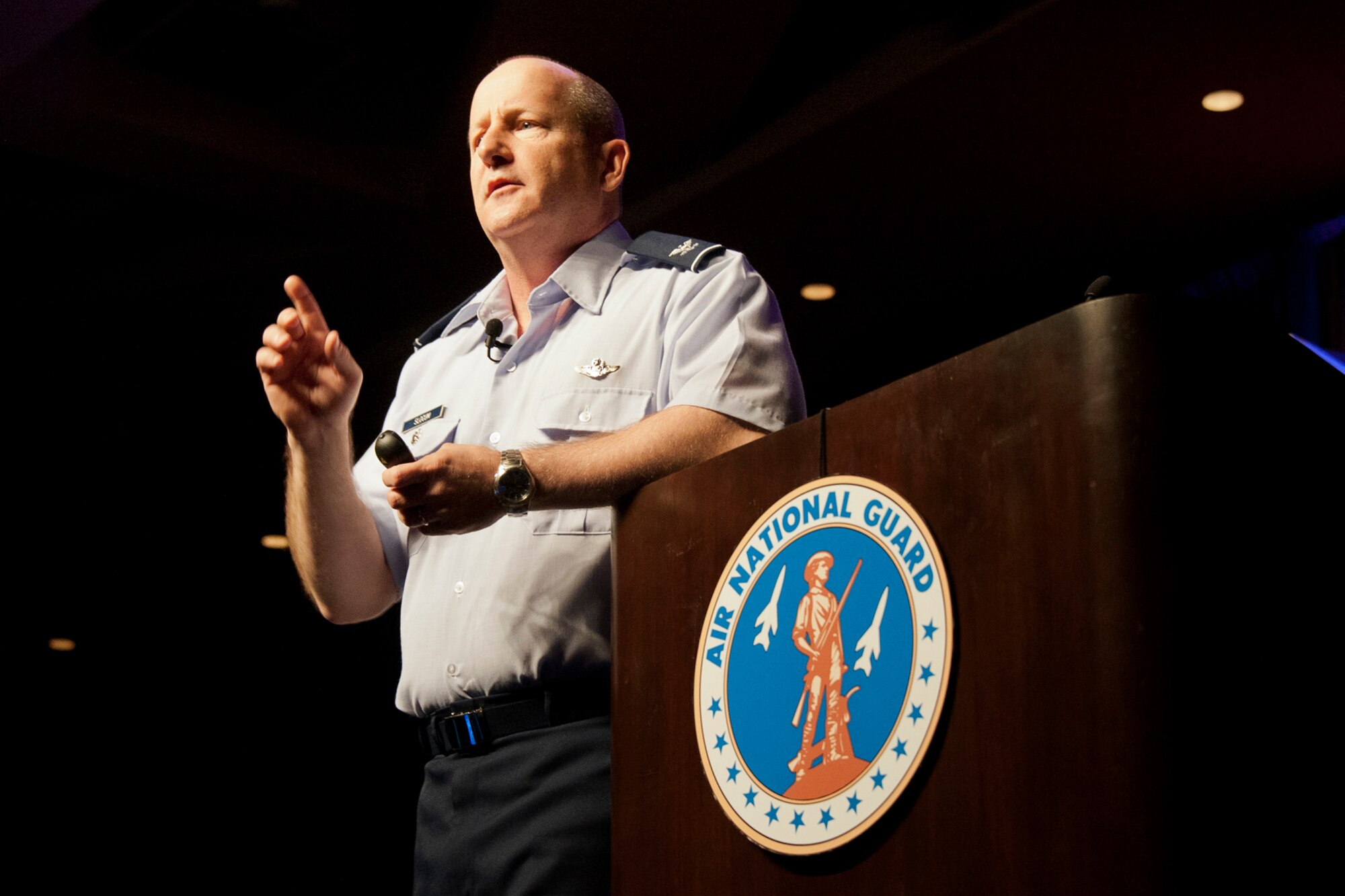 Col. Doug "Odie" Slocum, the chief of Air National Guard safety, adresses the Executive Safety Summit in Milwaukee, Wis. April 24, 2012. The Air National Guard Safety Directorate is facilitating its annual ESS covering safety and many other critical topics for all executive leadership for the ANG. (National Guard Photo by Master Sgt. Marvin Preston/RELEASED)