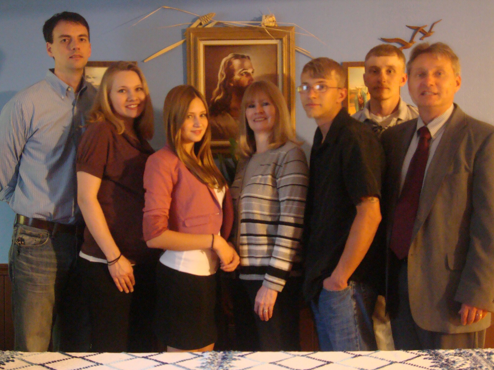 Steven Cadwell (far right), Consolidated Asset Management program manager in Global Strike Command Logistics, and his family (from left) son-in-law Travis McElveen, daughter Rachel McElveen, Russian exchange student Anastasiia Terebova, wife Mary, and sons Aaron and Timothy pose for a family picture as the Knights of Columbus Louisiana State Council 2011-2012 Family of the Year. (Courtesy photo)