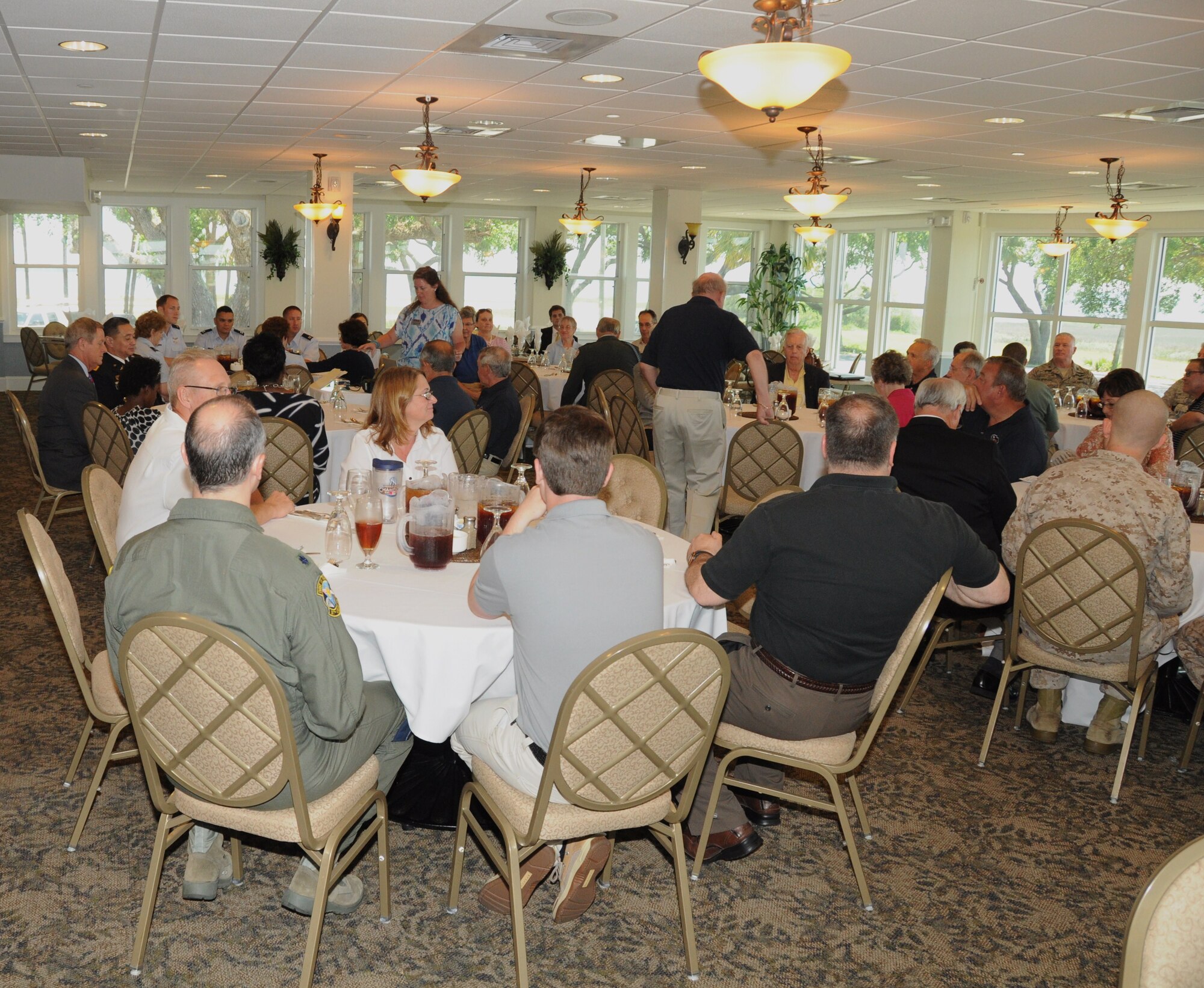 Honored guests and members of the Department of South Carolina Reserve Officers Association prepare for lunch during the ROA awards luncheon April 28, 2012 at the Marine Corps Recruit Depot, Paris Island, S.C. The ROA awards luncheon recognized the accomplishments of various South Carolina reserve organizations and ROA members. The 315th Airlift Wing and its members were recipients of nine awards during the event. (U.S. Air Force Photo/Staff Sgt. Shane Ellis)