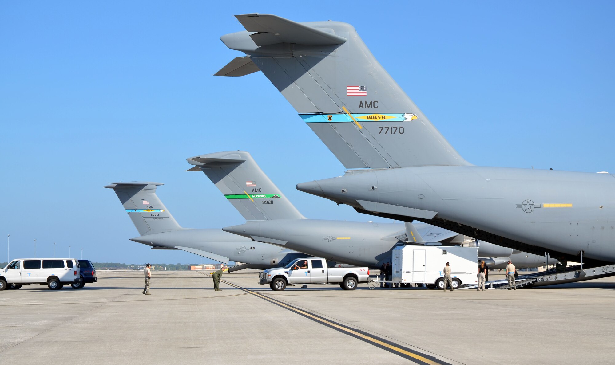 Reservists with the 512th Airlift Control Flight, Dover Air Force Base, Del., 452nd ALCF, March Air Reserve Base, Calif., and 439th ALCF, Westover ARB, Mass., joined up with FBI Rapid Deployment Teams during Patriot Sands at MacDill Air Force Base and Patrick AFB, Fla., April 26-29. The exercise involved several units and utilized a C-130 from the 43rd Airlift Group, Pope Field, N.C., a C-17 from the 446th Airlift Wing, McChord AFB, Wash., and a C-17 and C-5M from Dover. (U.S. Air Force photo by Capt. Marnee A.C. Losurdo)