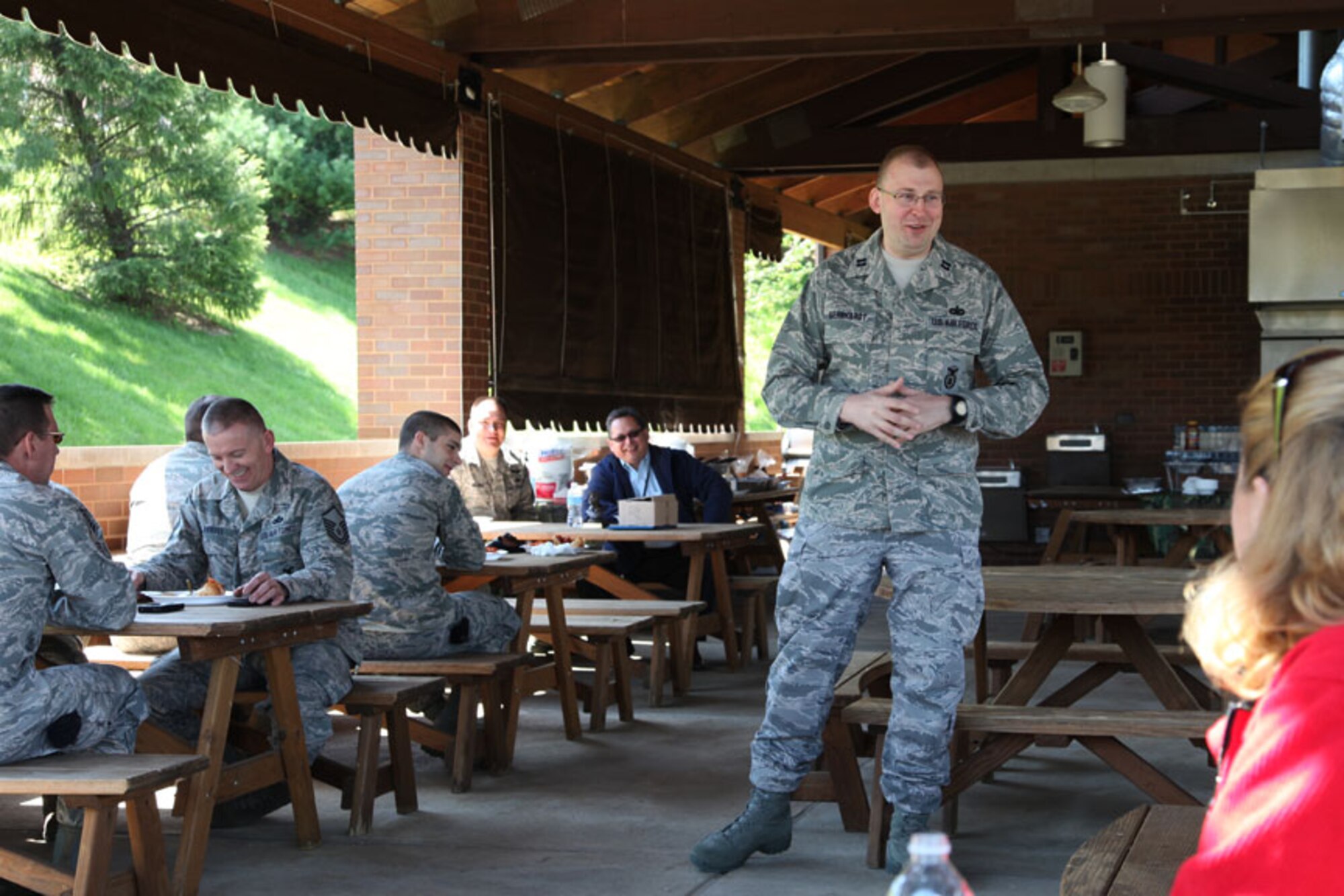 Capt. Randall Gernhardt, 911th Airlift Wing, Security Forces Squadron operations officer, thanks military and civilian members for their attendance during his farewell party held at the base’s pavilion, April 25, 2012. Gernhardt expressed his gratitude after serving a total of 15 years as a military member at the 911th Airlift Wing where first enlisted with the Air Force Reserve in 1997, and received his commission in April 2005. Gernhardt will be assigned as the Security Forces Squadron operations officer at the 910th Airlift Wing, Youngstown, Ohio. (U.S. Air Force photo by Tech. Sgt. Ralph Van Houtem/Released) 