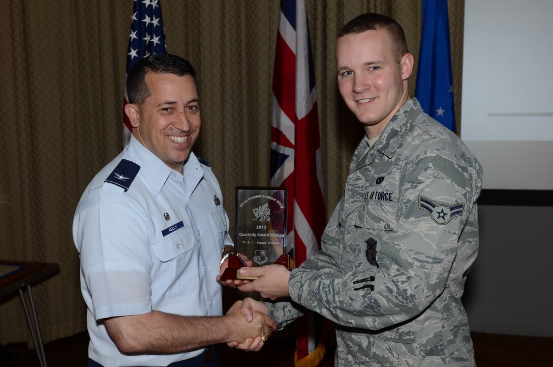 RAF ALCONBURY, United Kingdom - Airman 1st Class Nicholas Mylius, 423rd Security Forces Squadron, is the 1st Quarter Airman award winner for the 501st Combat Support Wing. (U.S. Air Force photo by Tech. Sgt. John Barton)