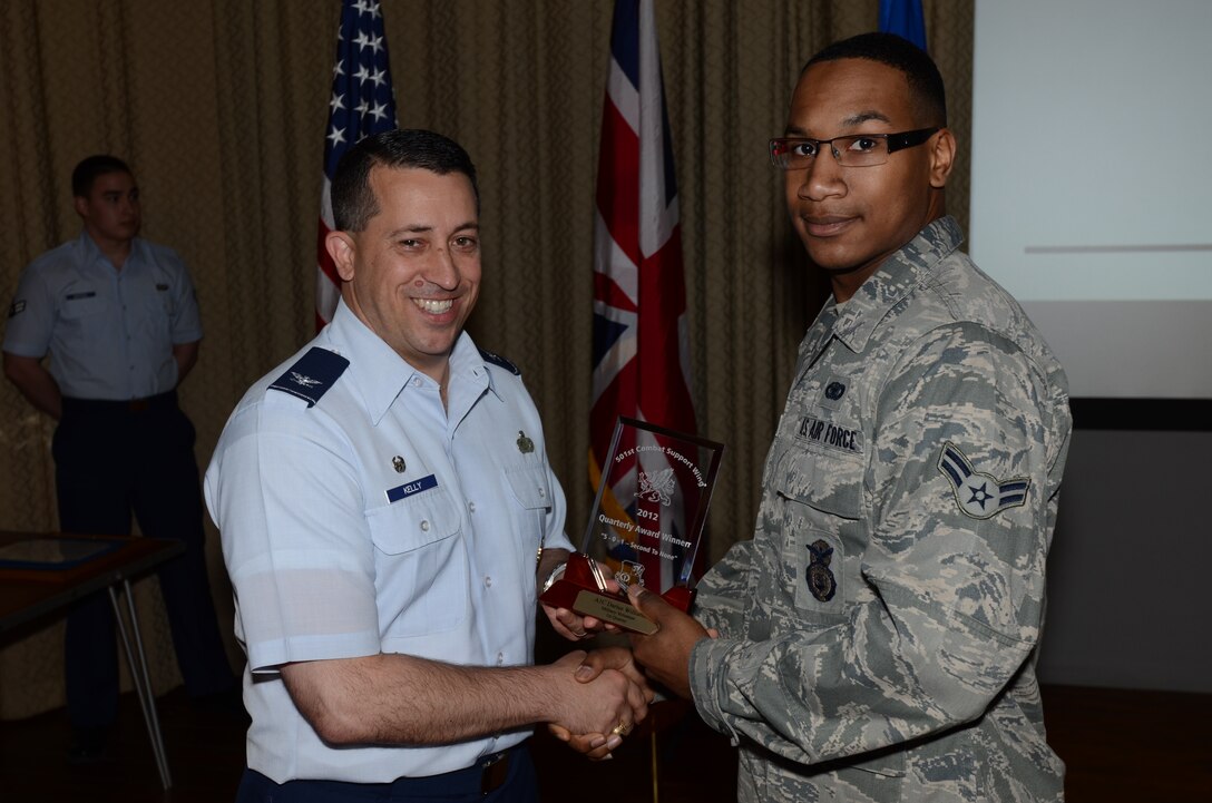 RAF ALCONBURY, United Kingdom - Airman 1st Class Darius Williams, 423rd Security Forces Squadron, is the 1st Quarter Military Volunteer award winner for the 501st Combat Support Wing. (U.S. Air Force photo by Tech. Sgt. John Barton)