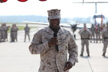 Lt. Col. Mitchell E. Cassell greets his new Marines after accepting responsibilities of Marine Corps Air Station New River from Col. Jeffrey M. Hewlett, July 27. Cassell comes to the air station after having graduated classes at the Industrial College of the Armed Forces, National Defense University in Washington, D.C. 