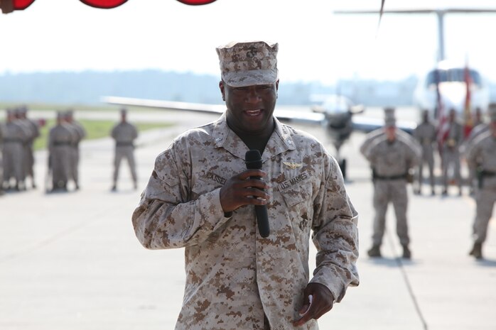 Lt. Col. Mitchell E. Cassell greets his new Marines after accepting responsibilities of Marine Corps Air Station New River from Col. Jeffrey M. Hewlett, July 27. Cassell comes to the air station after having graduated classes at the Industrial College of the Armed Forces, National Defense University in Washington, D.C. 
