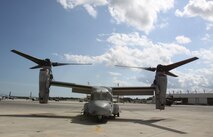 The MV-22B Osprey is a tiltrotor aircraft capable of landing and launching like an airplane or a helicopter. 

