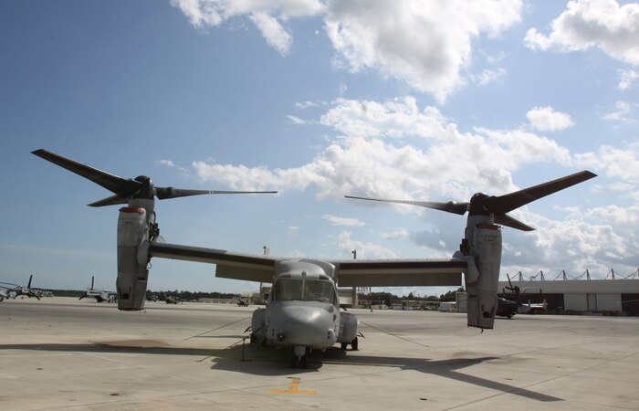 The MV-22B Osprey is a tiltrotor aircraft capable of landing and launching like an airplane or a helicopter. 
