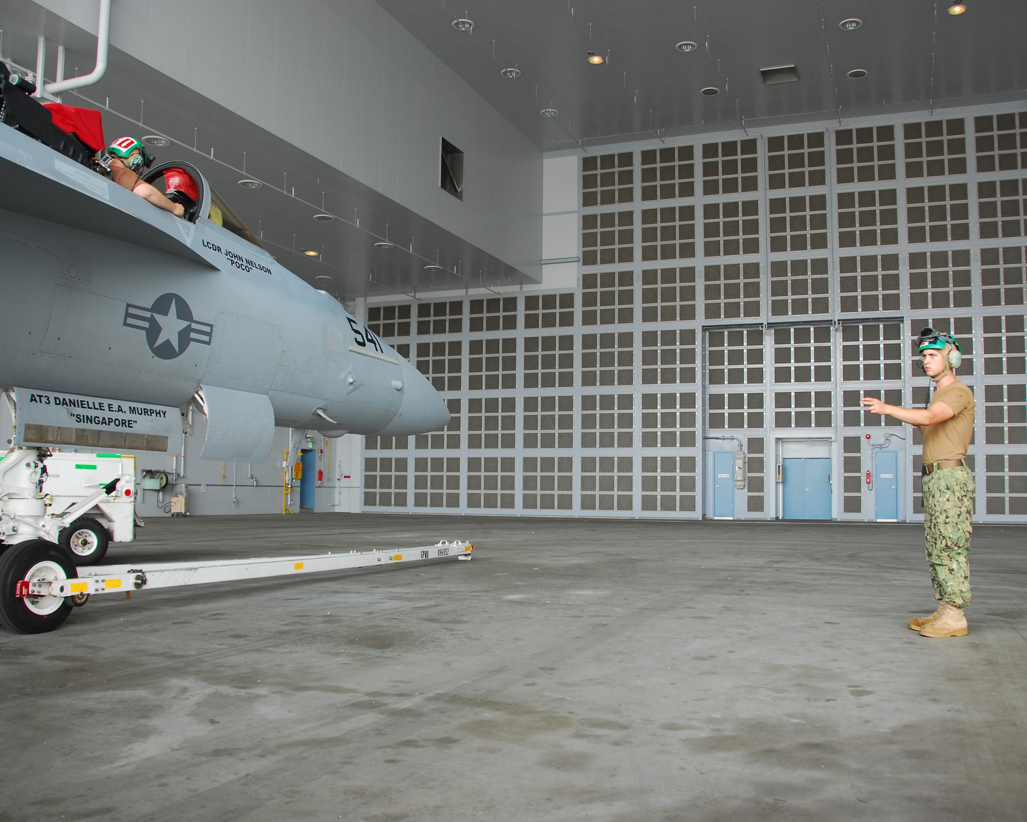 Aviation Electrician's Mate Airman Jordan Hall, a native of Portland, Ore., signals Aviation Machinist's Mate 1st Class Matthew Kuklinski, from Los Angeles, while performing engine clean up maintenance on an EA-18G "Growler" aircraft assigned to the "Scorpions" of  Electronic Attack Squadron (VAQ) 132 at Naval Air Facility Misawa, Japan, Aug. 1, 2012. The Scorpions are on a six-month deployment in support of U.S. 7th Fleet. (U.S. Navy photo by Mass Communication Specialist 2nd Class Pedro A. Rodriguez/Released)

