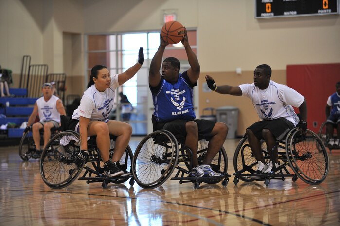 Wounded warriors participate in the first all Air Force wounded warrior basketball camp on July 28, 2012 at the Warrior Fitness Center at Nellis Air Force base, Nev. The wounded warriors participated in a two day basketball camp that highlighted adaptive sports at Nellis AFB. (U.S. Air Force photo by Master Sgt. David Miller)