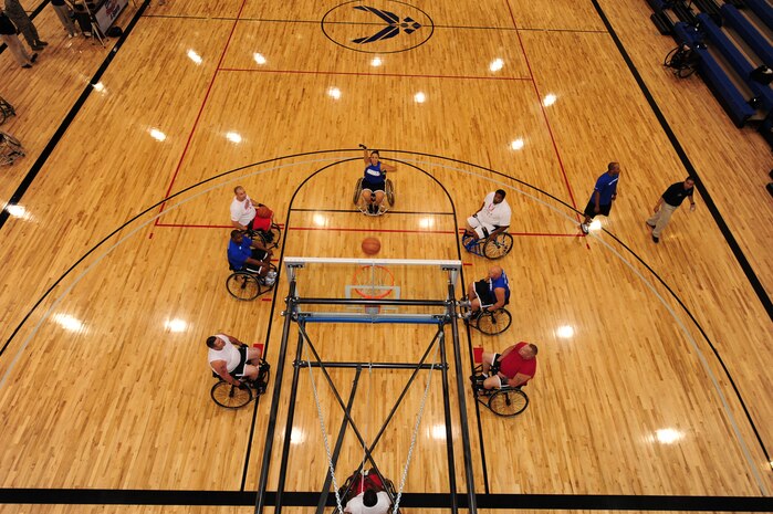 U.S. Air Force wounded warriors participate in the first all Air Force wounded warrior basketball camp on July 27, 2012 at the Warrior Fitness Center at Nellis Air Force base, Nev. The wounded warriors participated in a two day basketball camp at the new 25 million dollar, 110,000 sq. ft. fitness facility. (U.S. Air Force photo by Master Sgt. David Miller)