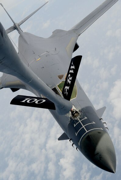 ENGLAND – A B-1B Lancer from the 7th Bomb Wing, Dyess Air Force Base, Texas, receives fuel from a KC-135 Stratotanker from the 100th Air Refueling Wing July 31, 2012. The Lancer is used by the U.S. Air Force as a global reach multi-purpose bomber and can rapidly deliver precision and non-precision weapons against any adversary, anywhere in the world, at any time. (U.S. Air Force photo/Senior Airman Ethan Morgan)