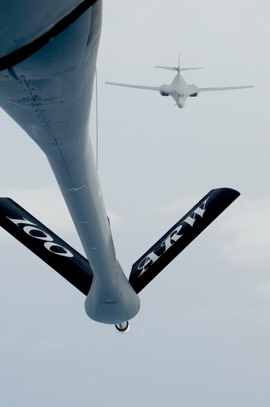 ENGLAND – A B-1B Lancer from Dyess Air Force Base, Texas, approaches a 100th Air Refueling Wing KC-135 Stratotanker July 31, 2012. Once close enough to the KC-135, the Lancer connects to the boom to receive fuel. (U.S. Air Force photo/Senior Airman Ethan Morgan)