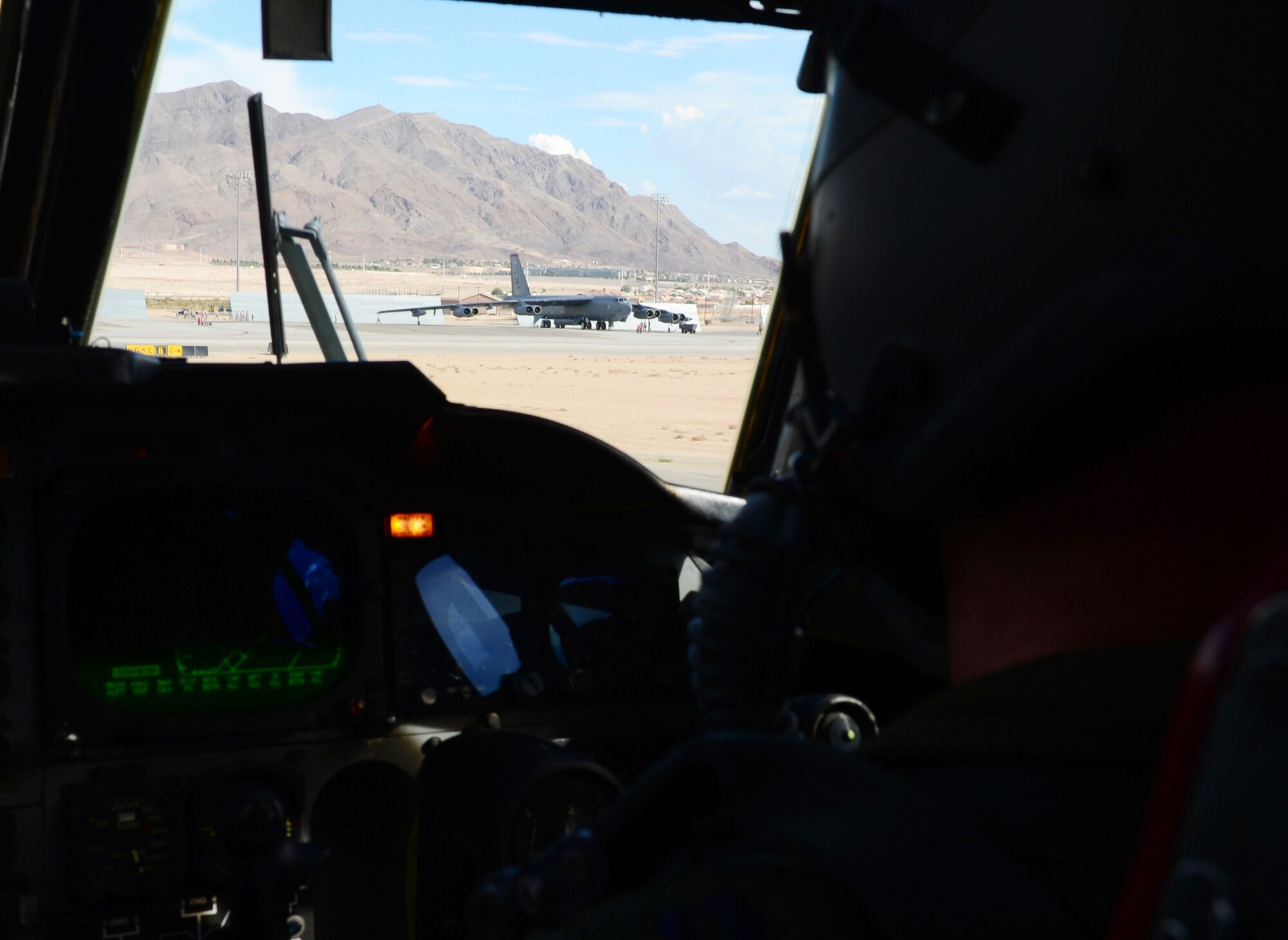 Capt. Brandon Fritz, 96th Bomb Squadron B-52H Stratofortress copilot from Barksdale Air Force Base, La., taxis the aircraft during a Red Flag exercise July 23 at Nellis AFB, Nev.  Red Flag provides an opportunity for Air Force Global Strike Command units to demonstrate their ability to deploy long-range strike forces and deliver precision effects that strengthens the nuclear enterprise. (U.S. Air Force photo/Tech. Sgt. Rebecca Zannetti/Released)