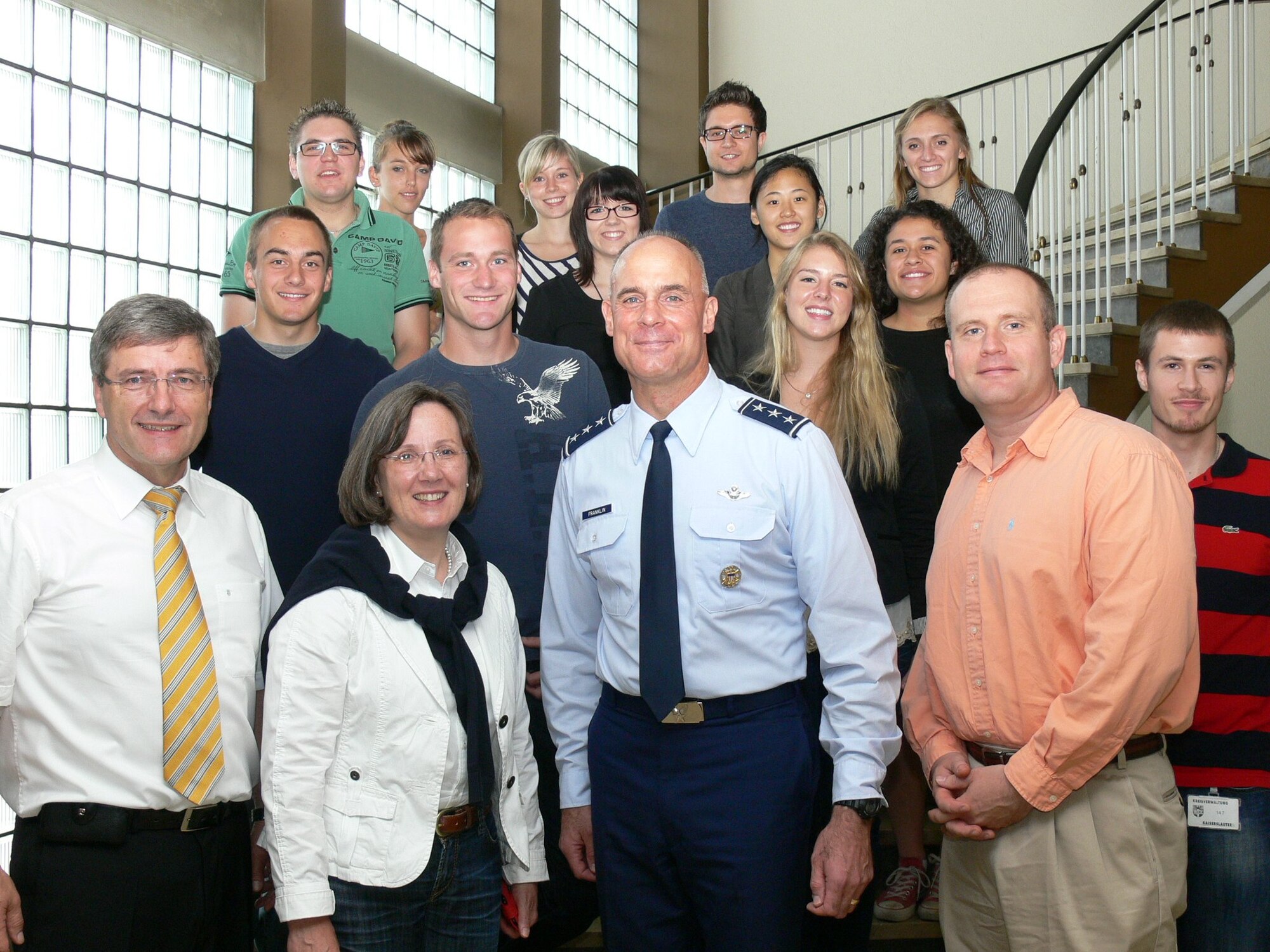 Air Force Academy cadets and their German counterparts receive a visit from Lt. Gen. Craig A. Franklin, 3rd Air Force commander, during the Operation Air Force ‘Host Nation Day’ in Kaiserslautern, Germany, July 9, 2012. Ops AF provides both USAFA and AF Reserve Officers’ Training Corps cadets experience in the operational Air Force while focusing on different areas of cadet development. (U.S. Air Force photo/Airman 1st Class Hailey Haux)