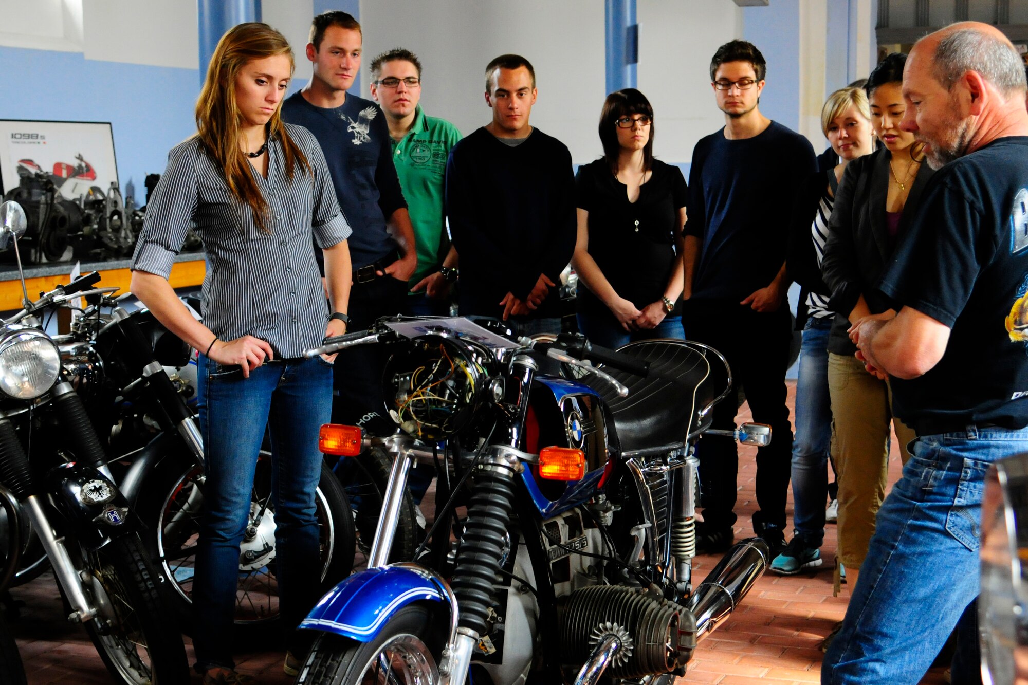 Air Force Academy cadets and their German counterparts take a tour of the Motorcycle Museum as a part of Operation Air Force in Kaiserslautern, Germany, July 9, 2012. Ops AF provides both USAFA and AF Reserve Officers’ Training Corps cadets experience in the operational Air Force while focusing on different areas of cadet development. (U.S. Air Force photo/Airman 1st Class Hailey Haux)