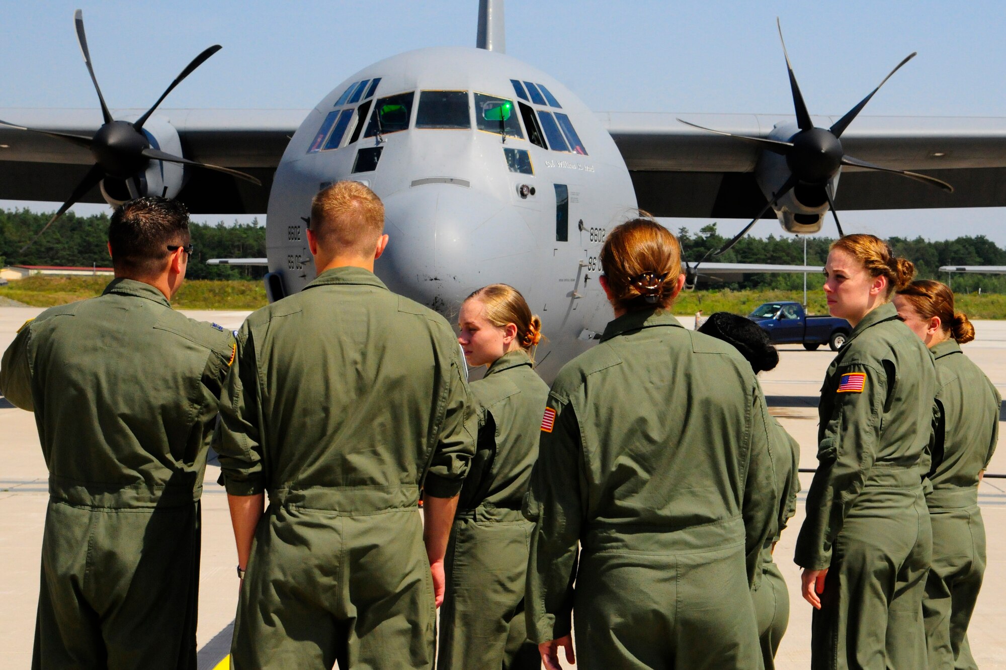 Air Force Academy cadets took a tour of a C-130J Super Hercules before an incentive flight as a part of the Operation Air Force at Ramstein Air Base, Germany, July 25, 2012. Ops AF provides both USAFA and AF Reserve Officers’ Training Corps cadets experience in the operational Air Force while focusing on different areas of cadet development. (U.S. Air Force photo/Airman 1st Class Hailey Haux)