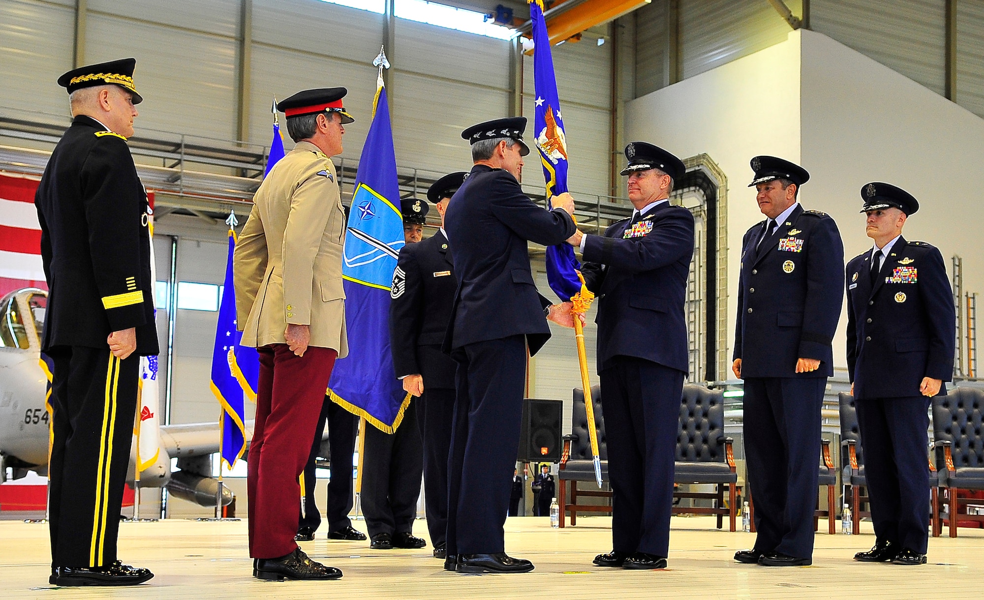 Air Force Chief of Staff Gen. Norton Schwartz gives Gen. Philip Breedlove the command of U.S. Air Forces in Europe during a change of command ceremony at Ramstein Air Base, Germany, July 31, 2012. During the ceremony, outgoing USAFE commander Gen. Mark A. Welsh III relinquished command after providing command and control for air, space and missile defense of activities in an area of operations covering almost one-fifth of the globe, which includes 51 countries in Europe, Asia, the Middle East, and the Arctic and Atlantic oceans.  (U.S. Air Force photo/Staff Sgt. Daylena Gonzalez)