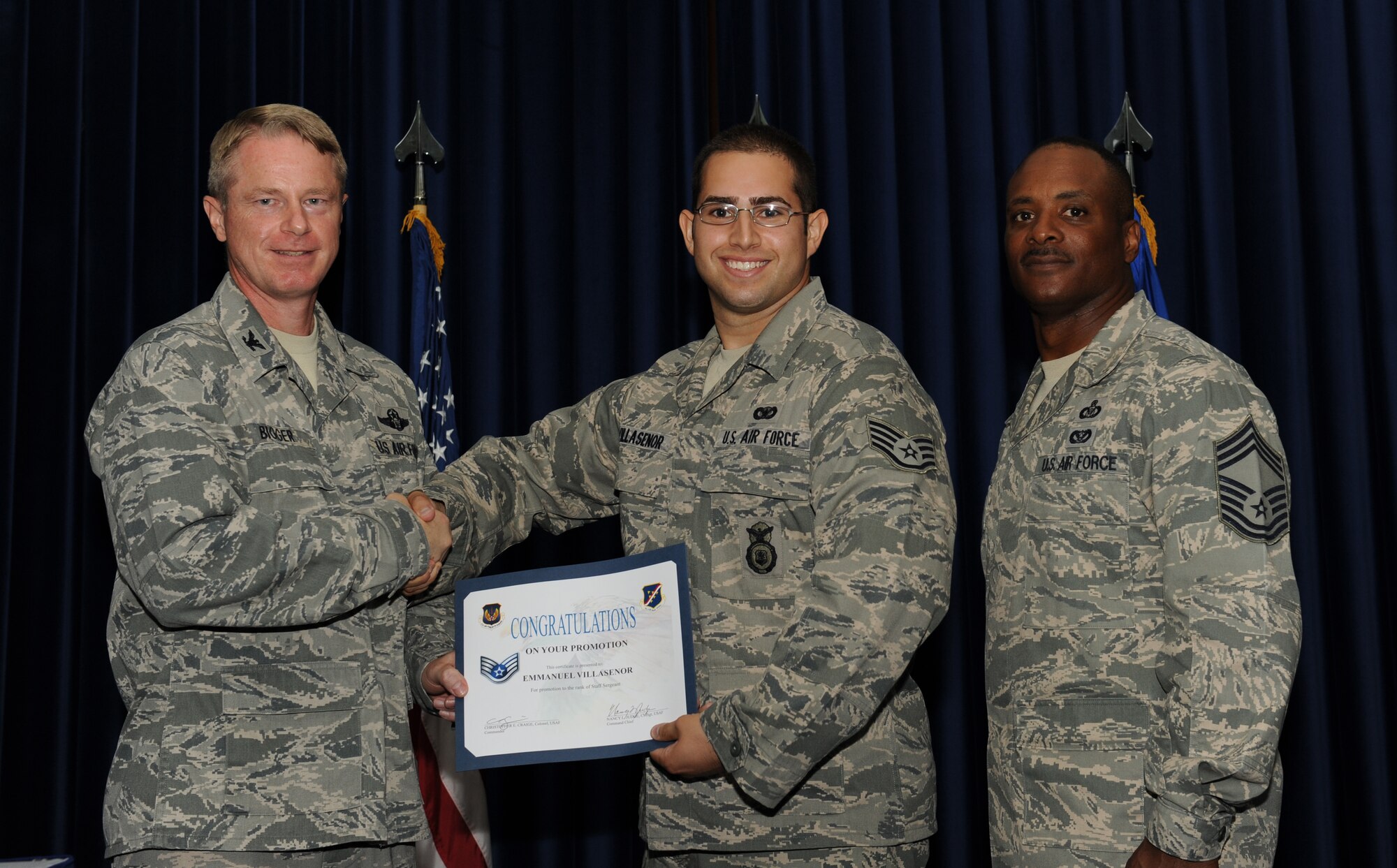 Emmanuel Villasenor, 39th Security Forces Squadron, is promoted to the rank of staff sergeant July 31, 2012, at the Club Complex ballroom at Incirlik Air Base, Turkey. (U.S. Air Force photo by Senior Airman Jarvie Z. Wallace/Released)