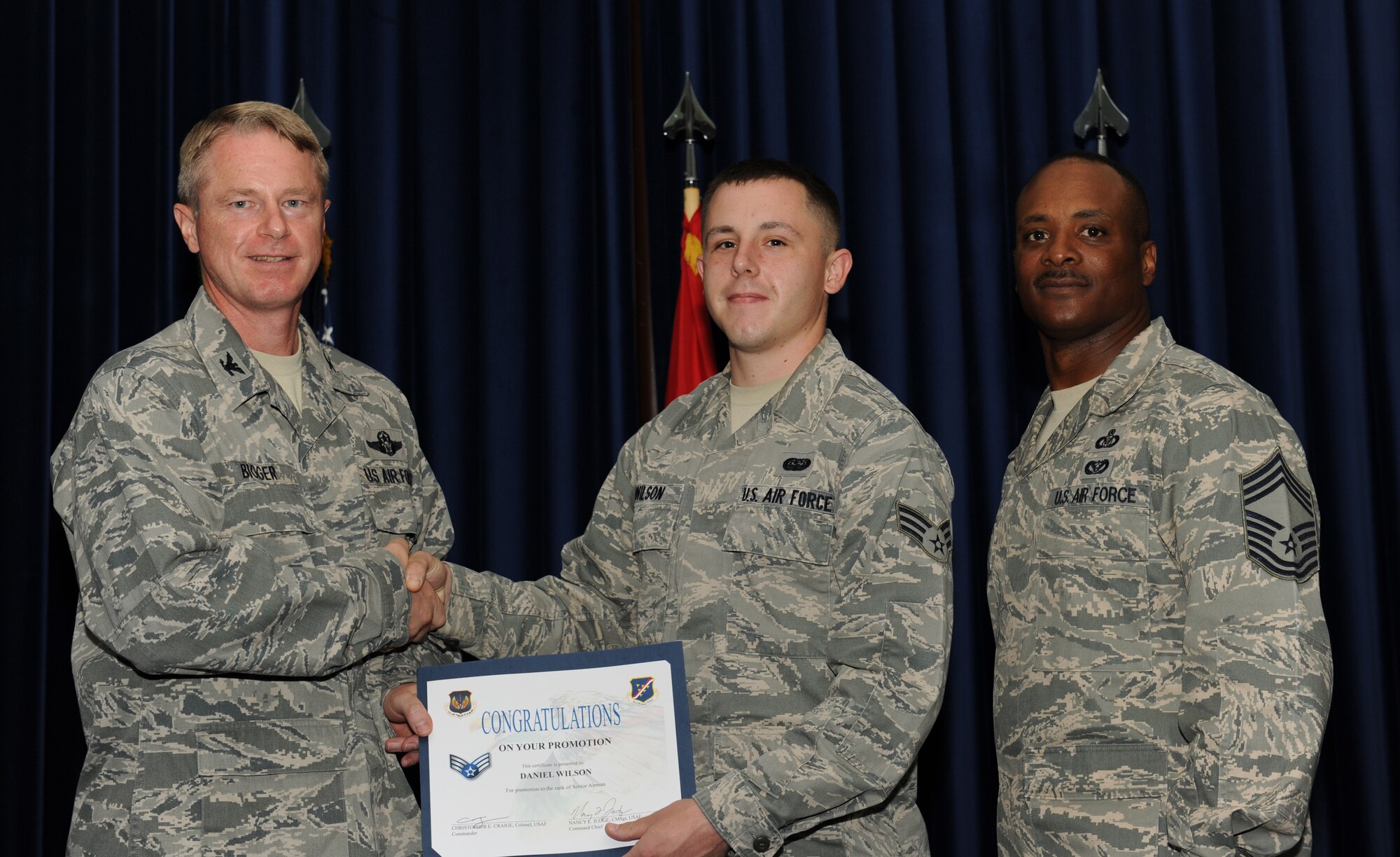 Daniel Wilson, 39th Communications Squadron, is promoted to the rank of senior airman July 31, 2012, at the Club Complex ballroom at Incirlik Air Base, Turkey. (U.S. Air Force photo by Senior Airman Jarvie Z. Wallace/Released) 