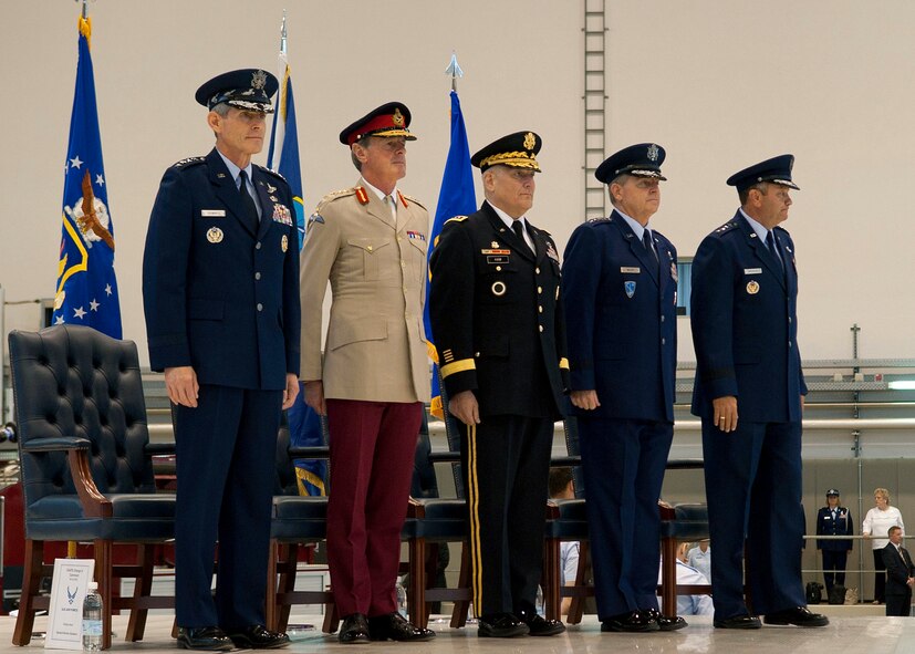 Air Force Chief of Staff Gen. Norton Schwartz; Gen. Sir Richard Shirreff, Deputy Supreme Allied Commander, Europe; Gen. Carter Ham, U.S. Africa Command commander; Gen. Mark A. Welsh III, outgoing U.S. Air Forces in Europe commander; and Gen. Philip Breedlove, the incoming USAFE commander, are recognized during the change of command ceremony on Ramstein Air Base, Germany, July 31, 2012. During the ceremony, Welsh relinquished command after providing command and control for air, space and missile defense of activities in an area of operations covering almost one-fifth of the globe, which includes 51 countries in Europe, Asia, the Middle East, and the Arctic and Atlantic oceans. (U.S. Air Force photo/Staff Sgt. Daylena Gonzalez)