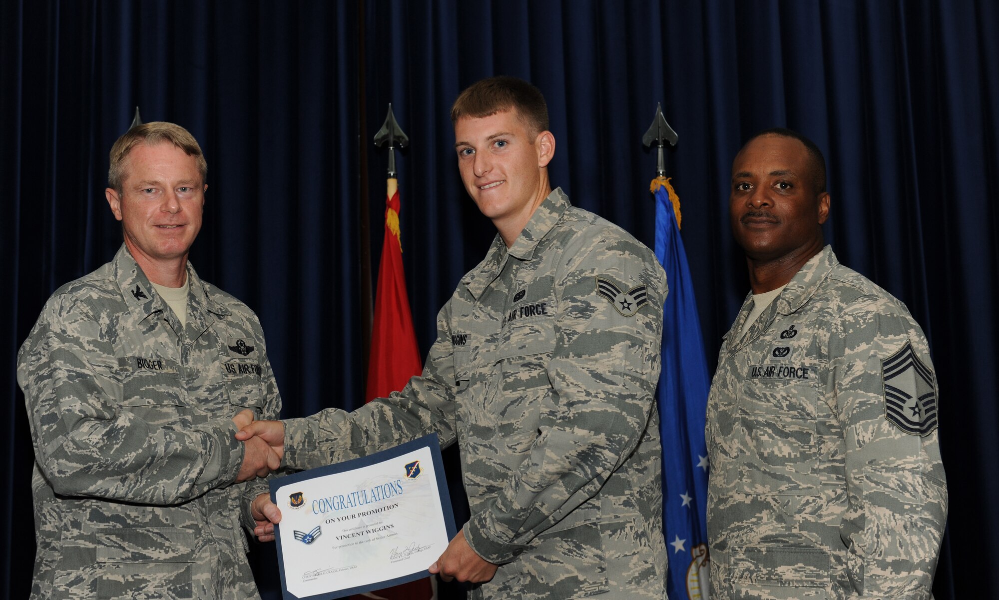 Vincent Wiggins, 39th Communications Squadron, is promoted to the rank of senior airman July 31, 2012, at the Club Complex ballroom at Incirlik Air Base, Turkey. (U.S. Air Force photo by Senior Airman Jarvie Z. Wallace/Released) 