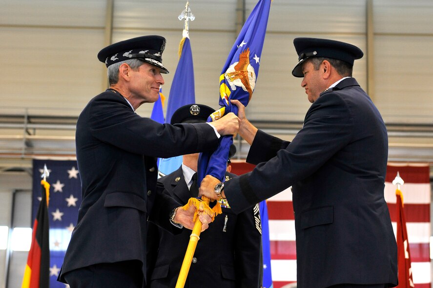 Air Force Chief of Staff Gen. Norton Schwartz gives Gen. Philip Breedlove the command of U.S. Air Forces in Europe during a change of command ceremony at Ramstein Air Base, Germany, July 31, 2012. During the ceremony, outgoing USAFE commander Gen. Mark A. Welsh III relinquished command after providing command and control for air, space and missile defense of activities in an area of operations covering almost one-fifth of the globe, which includes 51 countries in Europe, Asia, the Middle East, and the Arctic and Atlantic oceans. (U.S. Air Force photo/Senior Airman Chris Willis)