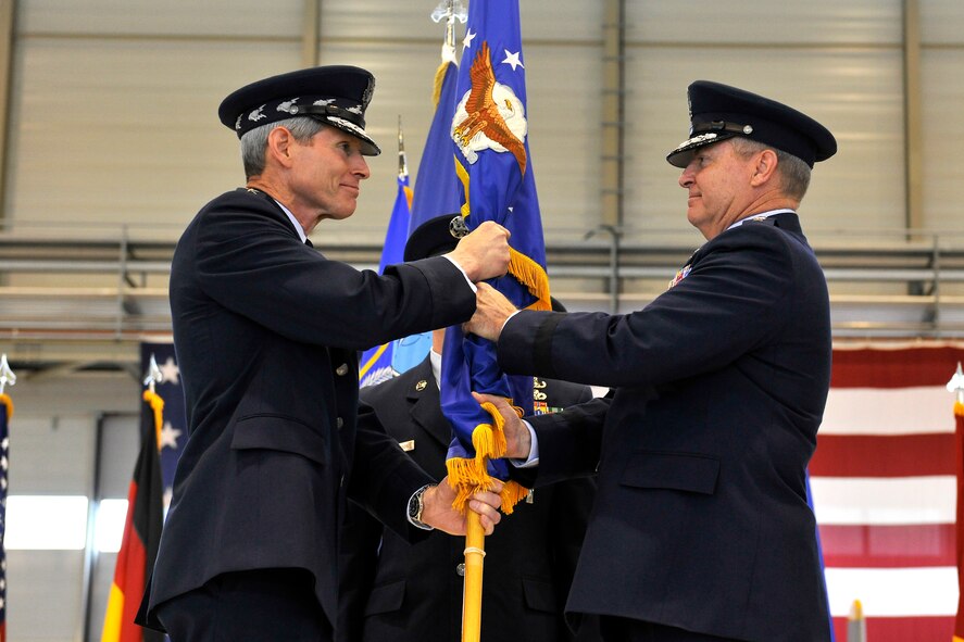 Gen. Mark A. Welsh III relinquishes command of U.S. Air Forces in Europe to Air Force Chief of Staff Gen. Norton Schwartz during a change of command ceremony at Ramstein Air Base, Germany, July 31, 2012. (U.S. Air Force photo/Senior Airman Chris Willis)
