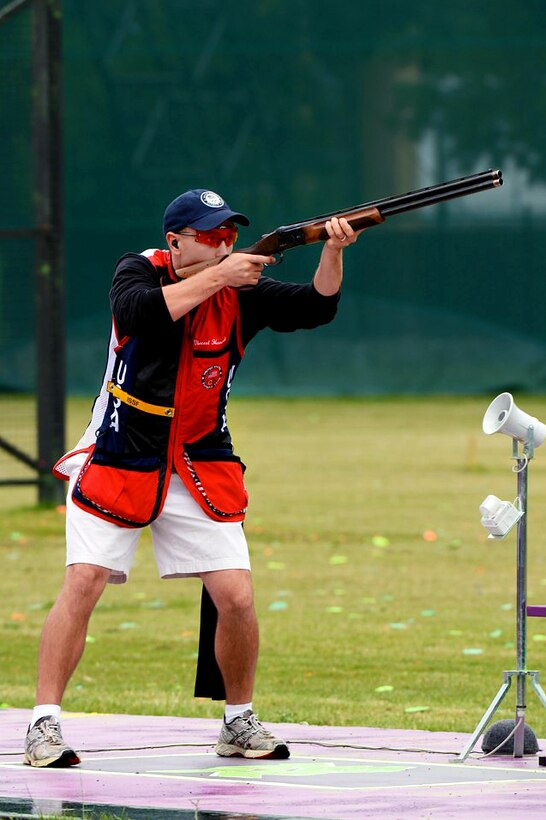 U.S. Army World Class Athlete Program rifle shooter Sgt. Vincent Hancock becomes the first shotgun shooter to win consecutive Olympic gold medals in men’s skeet with his victory at the Royal Artillery Barracks during the 2012 Summer Olympic Games in London, July 31, 2012. Hancock, assigned to the U.S. Army Marksmanship Unit from Eatonton, Ga., eclipsed the records he set during the 2008 Beijing Games for both qualification and total scores.