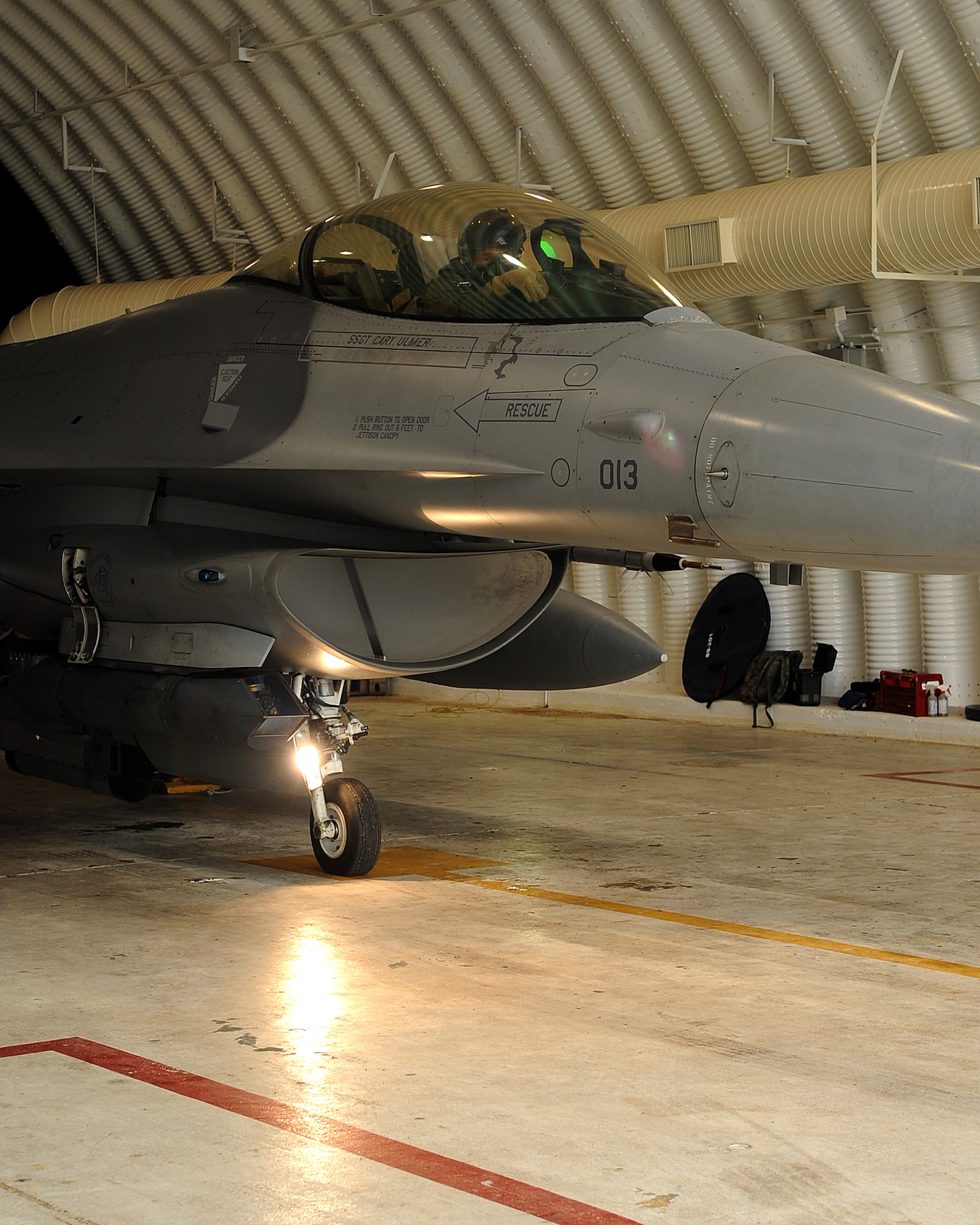 Gen. Gary North, Pacific Air Forces commander, prepares to taxi out of a hangar in an F-16 Fighting Falcon before one of his final flights at Kunsan Air Base, Republic of Korea, July 17, 2012. This flight was one of four flights that the general participated in during his final visit to Kunsan before his upcoming retirement after 36 years of service.  (U.S. Air Force photo/Staff Sgt. Jonathan Fowler)