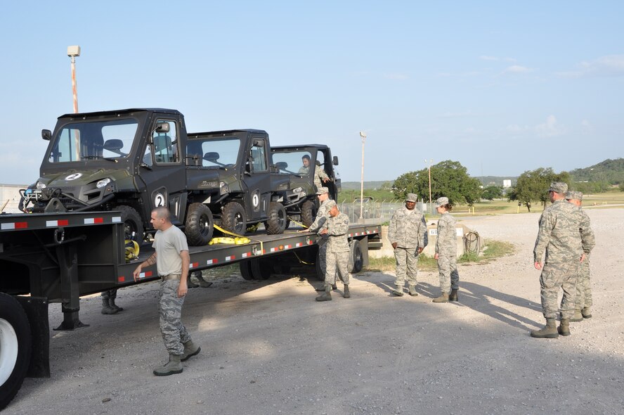 Members from the 301st Civil Engineer Squadron used these Polaris Ranger off-road vehicles to complete their land navigation course at Fort Wolters Army National Guard Facility, Monday, July 23. (U.S. Air Force photo/SrA Jeremy Roman)