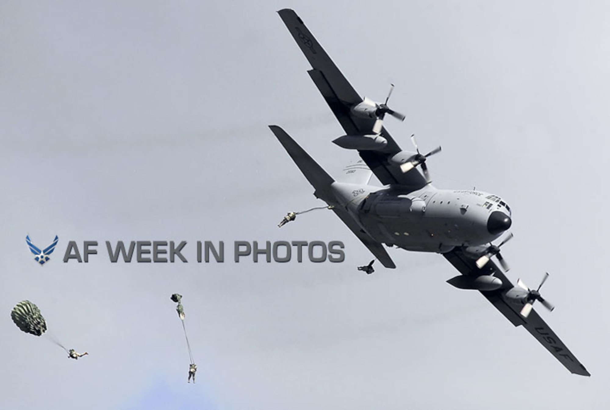 Paratroopers from U.S. Army Alaska's 4th Brigade Combat Team (Airborne), 25th Infantry Division, jump from a C-130 Hercules as part of Arctic Thunder Open House 2012 at Joint Base Elmendorf-Richardson, Alaska, July 29, 2012. Visitors from around Alaska came to JB Elmendorf to enjoy the performances and displays available. (U.S. Air Force photo/Percy G. Jones)