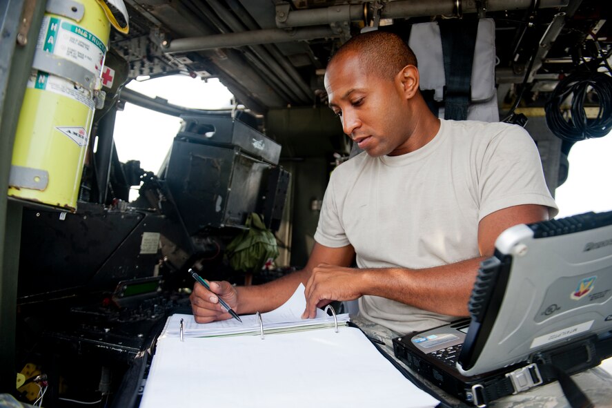 U.S. Air Force Airman 1st Class Michael Lewis, 23d Aircraft Maintenance Squadron aircraft hydraulics journeyman, completes paperwork during an HH-60G Pave Hawk engine drive shaft balance July 31, 2012, at Moody Air Force Base, Ga. Lewis documented each step of the process to ensure proper procedures were followed and accounted for. (U.S. Air Force photo by Staff Sgt. Jamal D. Sutter/Released) 