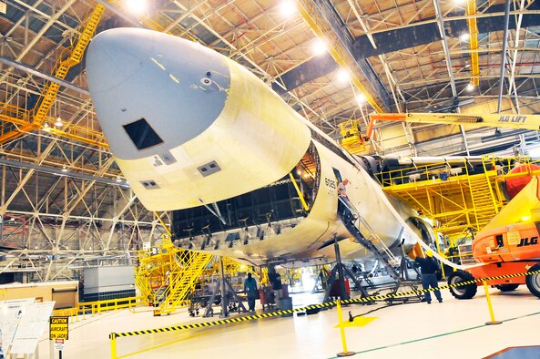 The C-5M Super Galaxy, a C-5 Galaxy with 70 different modifications, including avionics and engine upgrades, arrived at Robins for PDM on June 5, and is scheduled to depart in March 2013.  (U. S. Air Force photo/Sue Sapp)