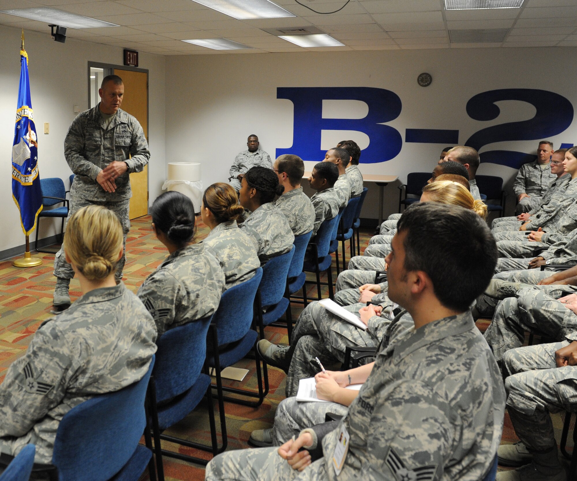 WHITEMAN AIR FORCE BASE, Mo. -- Chief Master Sgt. of the Air Force James Roy addresses members of the 509th Medical Group July 26. Roy visited Whiteman AFB July 25 and 26. (U.S. Air Force photo/Airman 1st Class Bryan Crane)