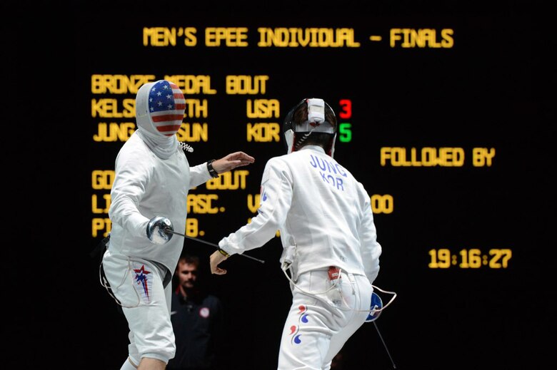 U.S. Air Force fencer Capt. Seth Kelsey loses the Olympic men's epee individual bronze-medal match, 12-11, to Korea's Jinsun Jung in sudden-death overtime on Aug. 1 at the ExCel South Arena in London. (U.S. Army photo/Tim Hipps)