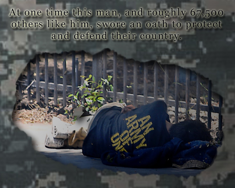 Within the United States, there are roughly 636,000 individuals who can be classified as homeless – of those, about 67,500 are veterans. That means nearly 11 percent of people living on the street or in a shelter were at one time defending this nation with their lives. (U.S. Air Force graphic by Senior Airman Jarad A. Denton/Released)