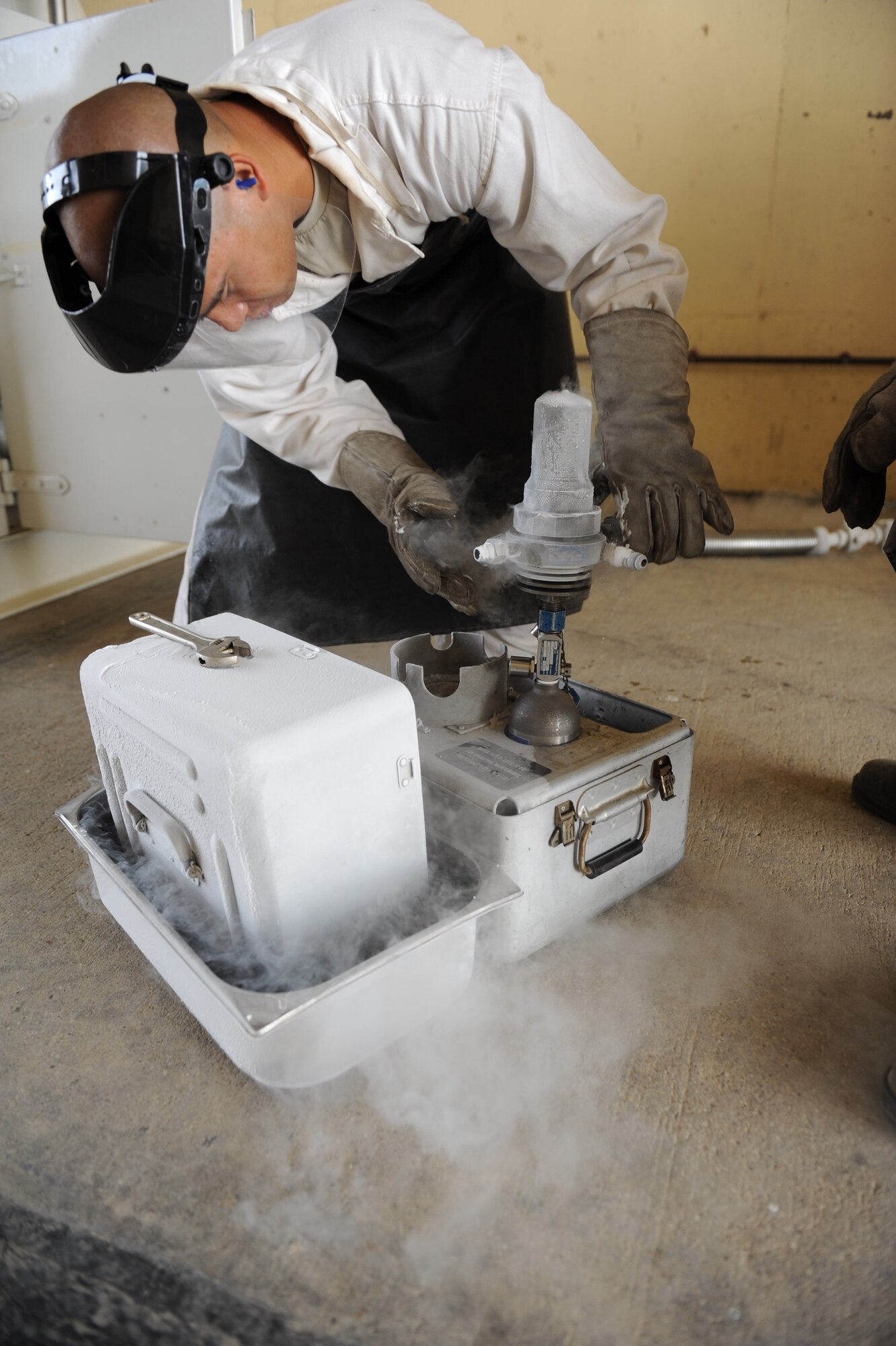 Staff Sgt. Alvaro Usueta, 39th Logistics Readiness Squadron hydrant supervisor, performs an oxygen test Aug. 2, 2012, at Incirlik Air Base, Turkey. The tests are conducted every 90 days to ensure the oxygen in the tanks is suitable for use. (U.S. Air Force photo by Senior Airman Anthony Sanchelli/Released)
