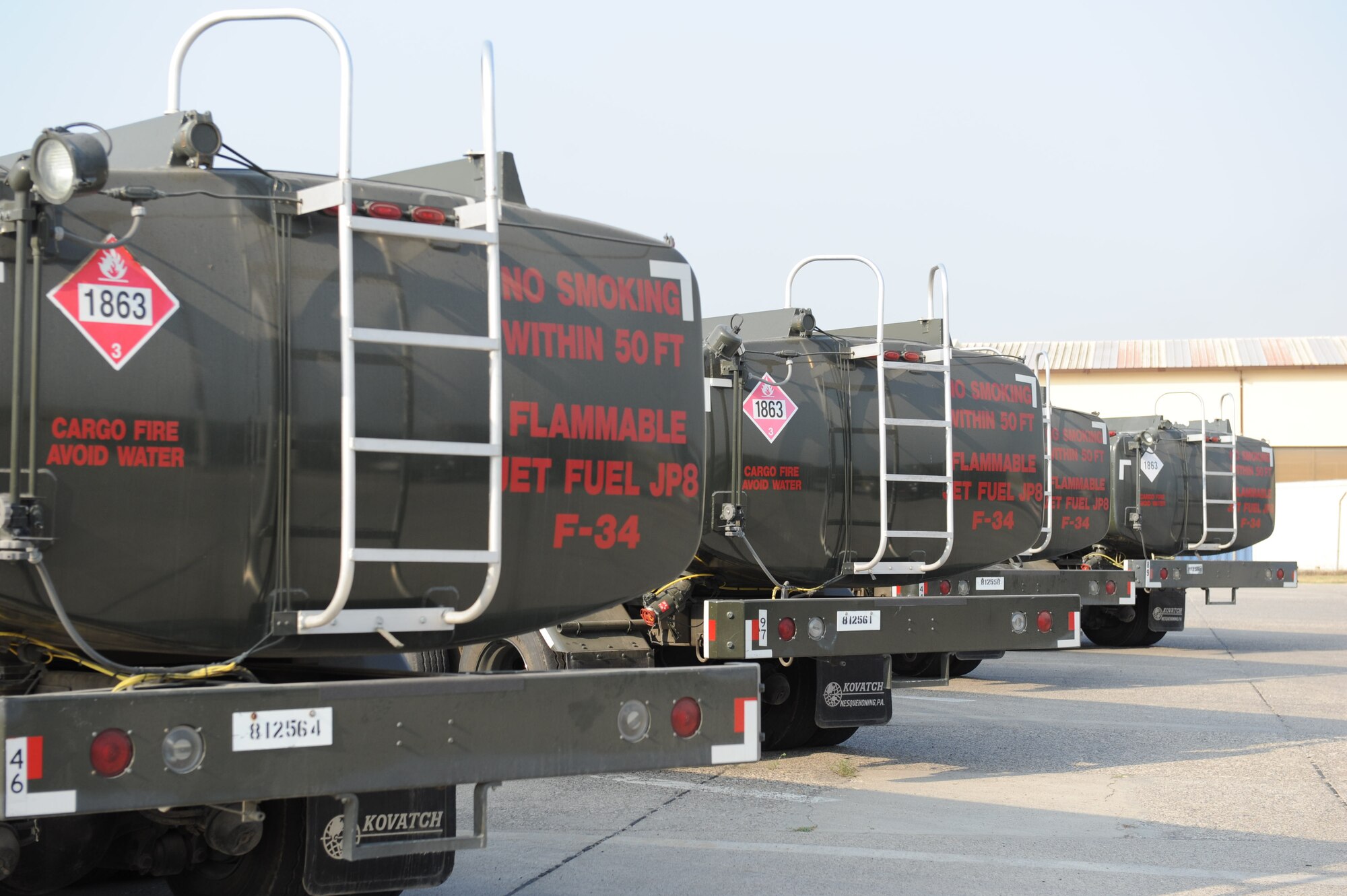 Fuel trucks from the 39th Logistics Readiness Squadron sit awaiting maintenance checks Aug. 2, 2012, at Incirlik Air Base, Turkey. The 39th LRS has 18 trucks to deliver fuel for generators, aircraft and anything else needing the combustible energy source. (U.S. Air Force photo by Senior Airman Anthony Sanchelli/Released)
