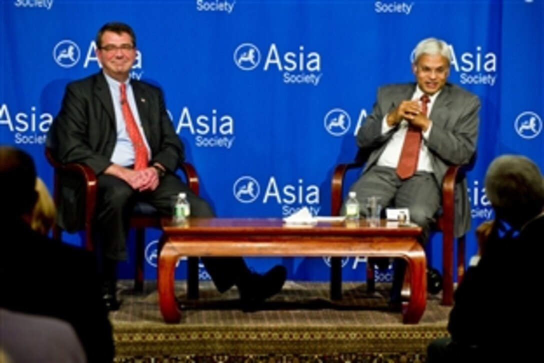 Deputy Defense Secretary Ashton B. Carter and Ashley J. Tellis, senior associate of the Carnegie Endowment for International Peace, answer questions at the Asian Society in New York, Aug. 1, 2012. The Asian Society is a nonprofit organization dedicated to furthering the understanding of the countries and cultures of Asia.