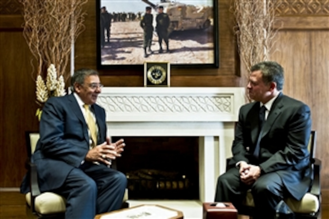 U.S. Defense Secretary Leon E. Panetta meets with Jordanian King Abdullah in Amman, Jordan, Aug. 2, 2012. Panetta is on a five-day trip to the region to meet with leaders in Tunisia, Egypt, Israel and Jordan.