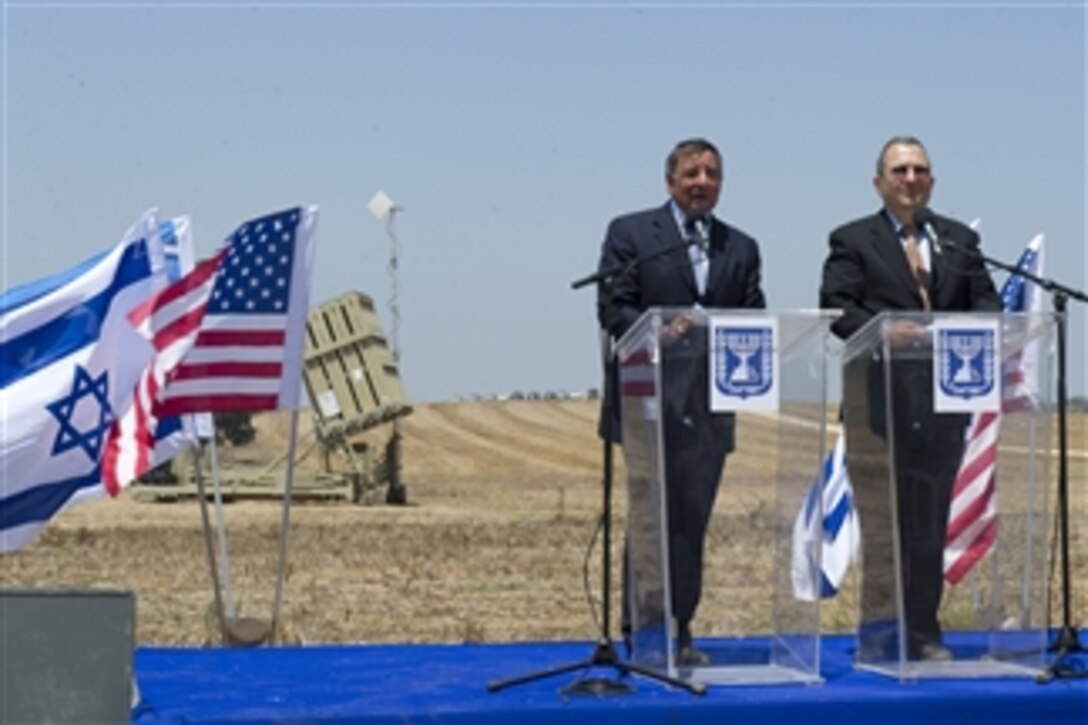 Secretary of Defense Leon E. Panetta, left, and Israeli Minister of Defense Ehud Barak brief the press at the Ashkelon Iron Dome site in Israel on Aug. 1, 2012.  Panetta is on a 5-day trip to the region, stopping in Tunisia, Egypt, Israel and Jordan to meet with senior leaders and counterparts.  