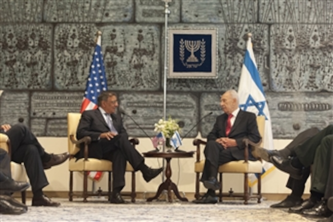 Secretary of Defense Leon E. Panetta, left, and Israeli President Shimon Peres meet in Jerusalem, Israel, on Aug. 1, 2012.  Panetta is on a 5-day trip to the region, stopping in Tunisia, Egypt, Israel and Jordan to meet with senior leaders and counterparts.  