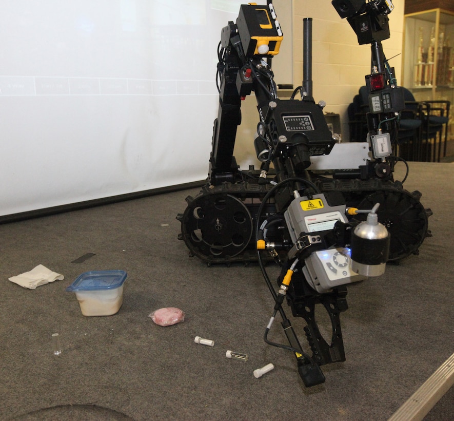 The Talon robot identifies materials during a demonstration at the fire department training area aboard Marine Corps Base Camp Lejeune July 30 and 31. Firefighters from MCB Camp Lejeune attended the seminar to test and view the Talon’s capabilities.