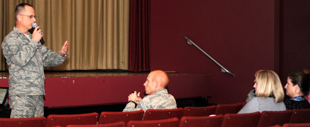 Col. Mark Weatherington, 28th Bomb Wing commander, provides updates on a variety of issues during a town hall meeting in the base theater at Ellsworth Air Force Base, S.D., Aug. 2, 2012. Weatherington, along with other base and community leaders, spoke about concerns such as housing privatization and bussing before opening up the meeting to questions. (U.S. Air Force photo by Airman Ashley J. Cass/Released)