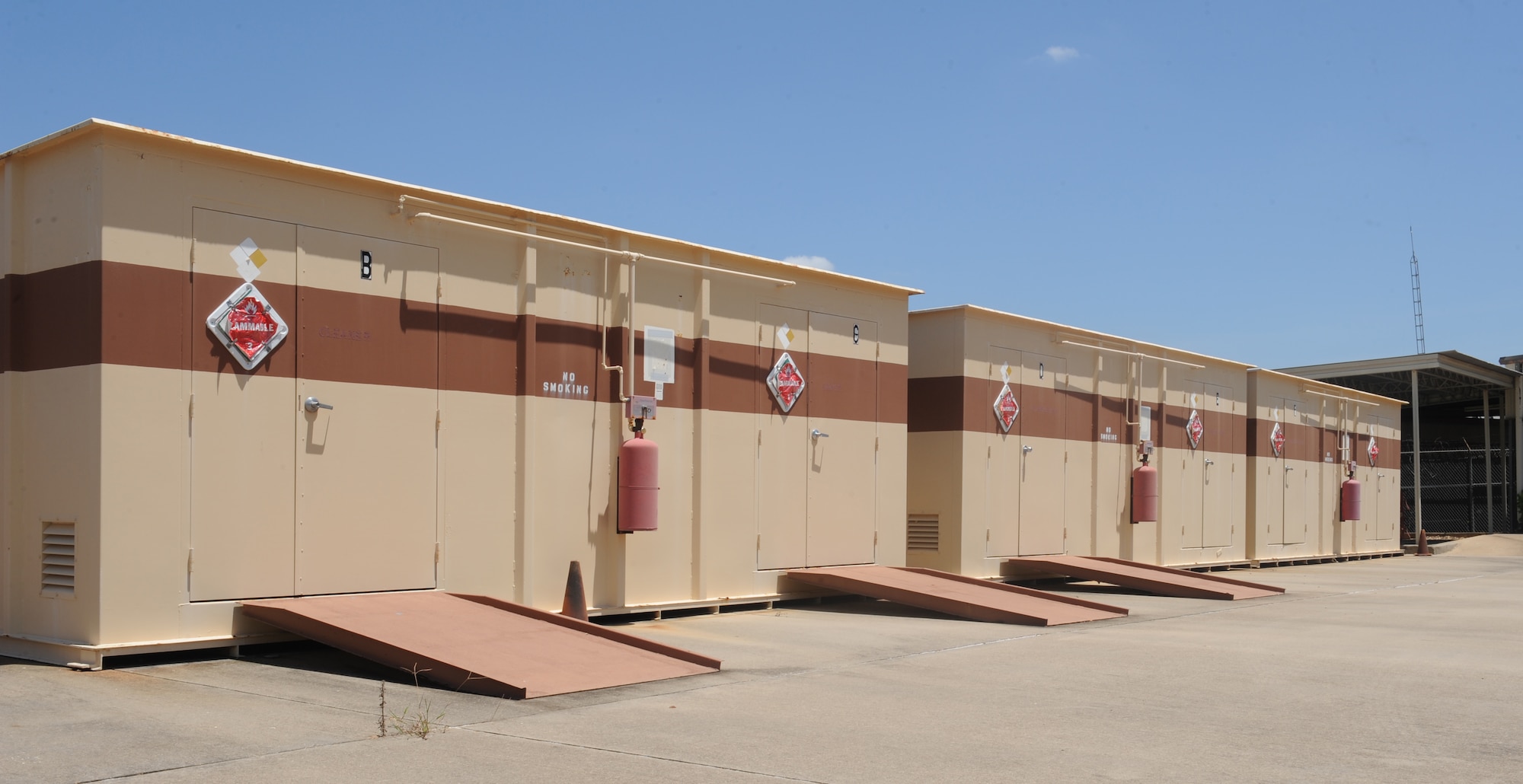 Storage facilities containing hazardous materials are located in the back of the Hazardous Material Pharmacy on Barksdale Air Force Base, La., July 31. The buildings contain hazmat that needs to be tested as well as materials which are available to all authorized units free of charge. (U.S. Air Force photo/Airman 1st Class Benjamin Gonsier)(RELEASED)