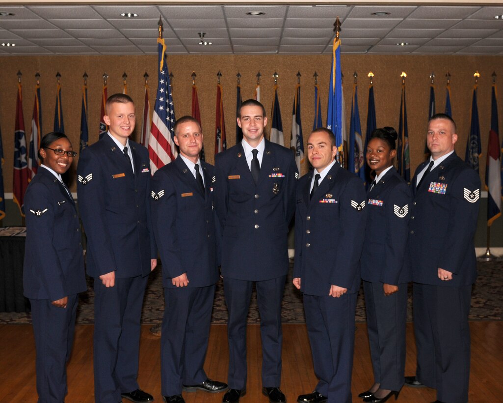 Seven of Team BLAZE’s newly promoted enlisted Airmen were promoted at the enlisted promotions ceremony at the Columbus Club on May 31. (U.S. Air Force photo/Tammi Baudoin)