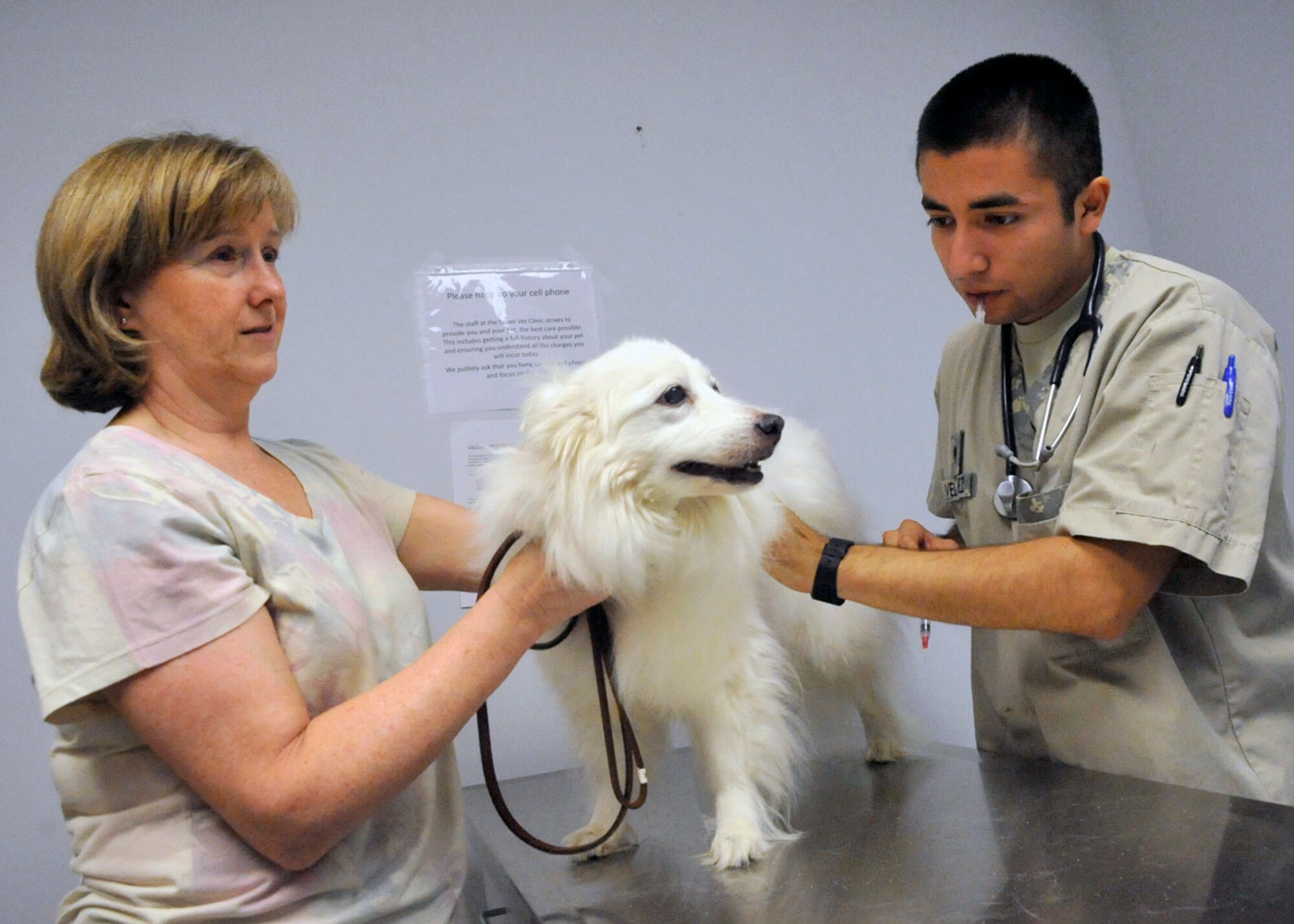Priscilla Paxson holds her 14-year-old American Eskimo "Nikki" while U.S. Army Spc. Hector Velasquez, animal care specialist with the 436th Medical Group, administers a shot Aug. 3, 2012, at the Veterinary Clinic on Dover Air Force Base, Del. Paxson and "Nikki" visited the clinic as part of "Nikki's" annual check-up. (U.S. Air Force photo by Tech. Sgt. Chuck Walker)