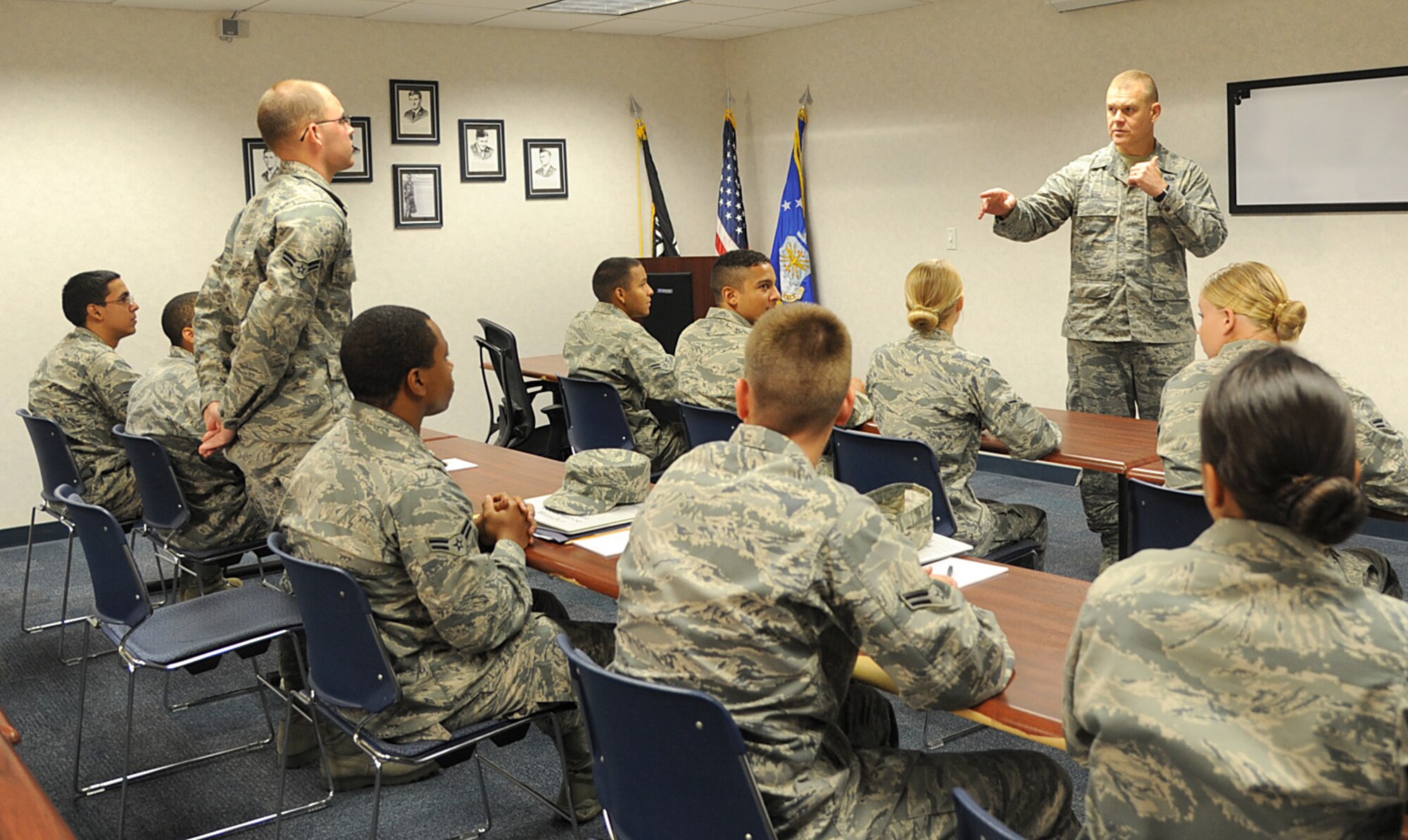 Chief Master Sgt. of the Air Force James A. Roy speaks to Airmen at the First Term Airman’s Center July 31, 2012 at Scott Air Force Base, Ill. Roy traveled around Scott talking to Airmen the importance of face-to-face communication. (U.S. Air Force photo/ Senior Airman Tristin English)