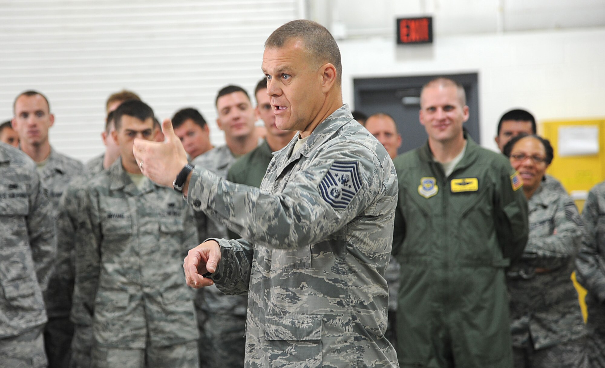 Chief Master Sgt. of the Air Force James A. Roy speaks to Airmen from the 126th Air Refueling Wing July 31, 2012 at Scott Air Force Base, Ill. Roy traveled around Scott talking to Airmen about the importance of face-to-face communication. (U.S. Air Force photo/ Senior Airman Tristin English)